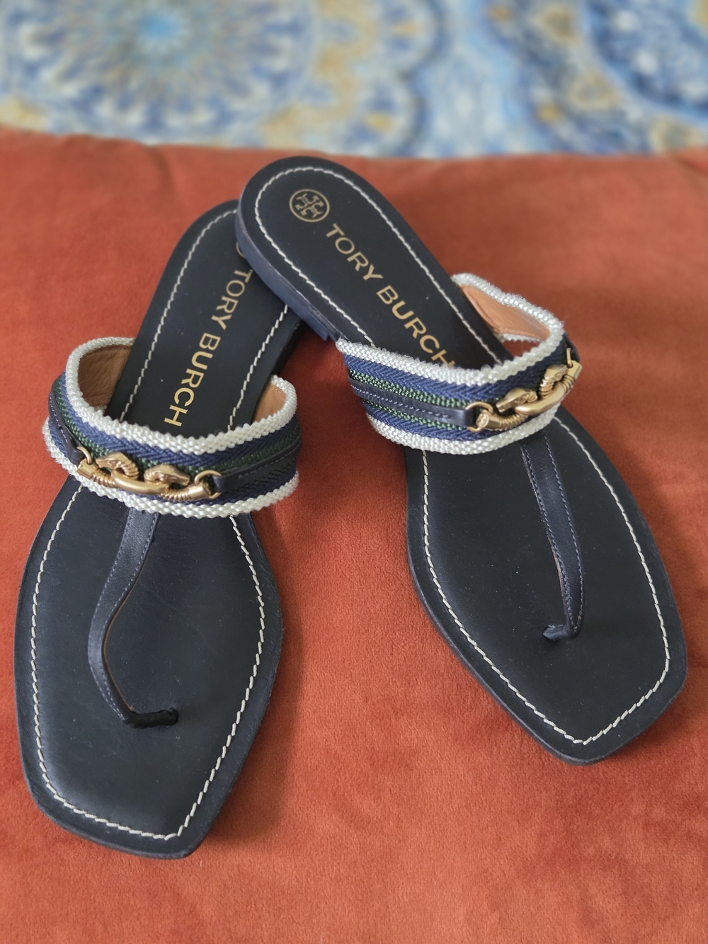 Tory Burch Navy Braided-Trim Chain Thong Sandals